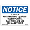 Signmission OSHA Notice Sign, 18" Height, Rigid Plastic, Attention! When Refueling Equipment Use Sign, Landscape OS-NS-P-1824-L-10234